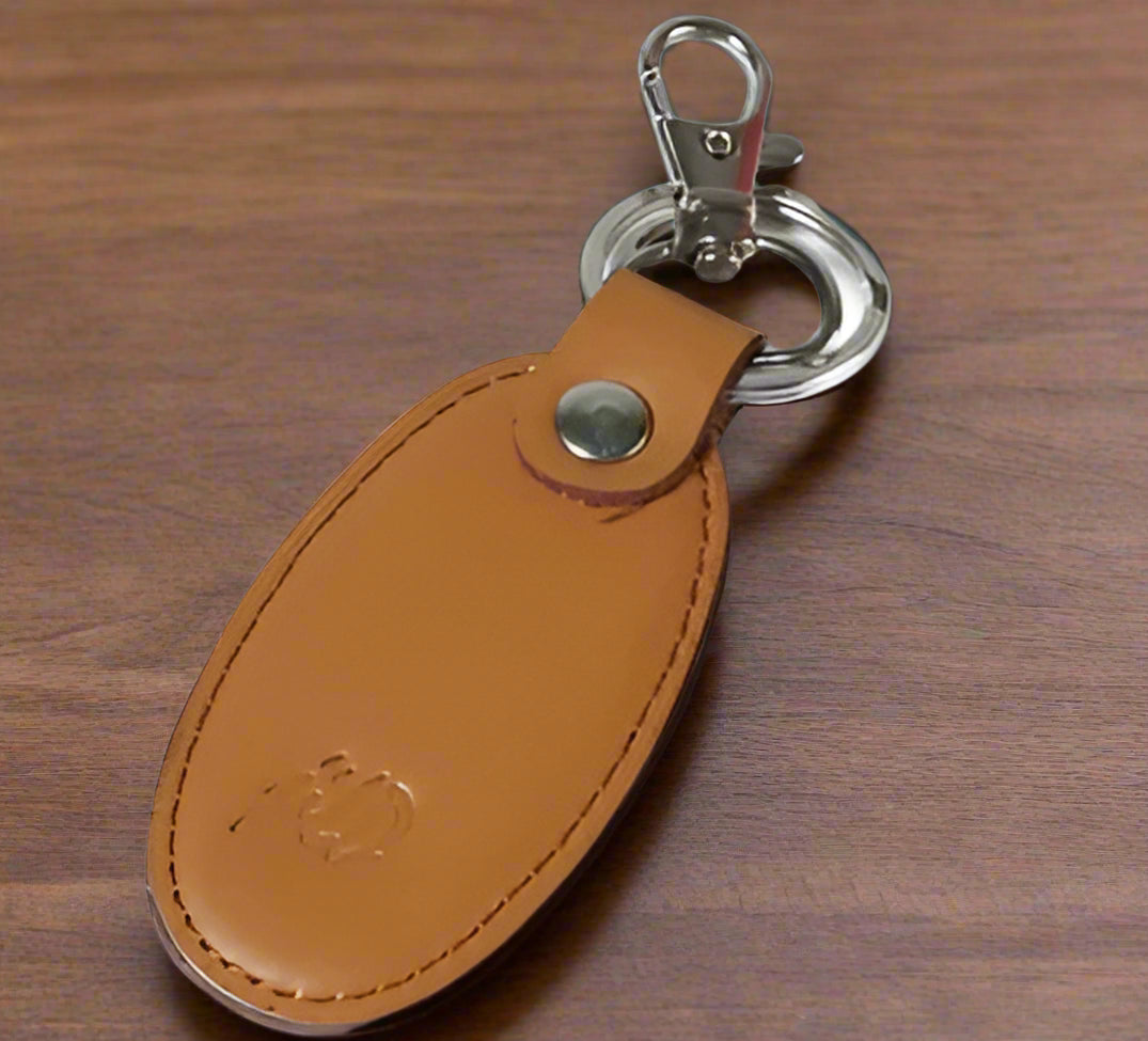 Camel Brown Real Leather Keychain - Locking Key Hook with Silver Metal Ring