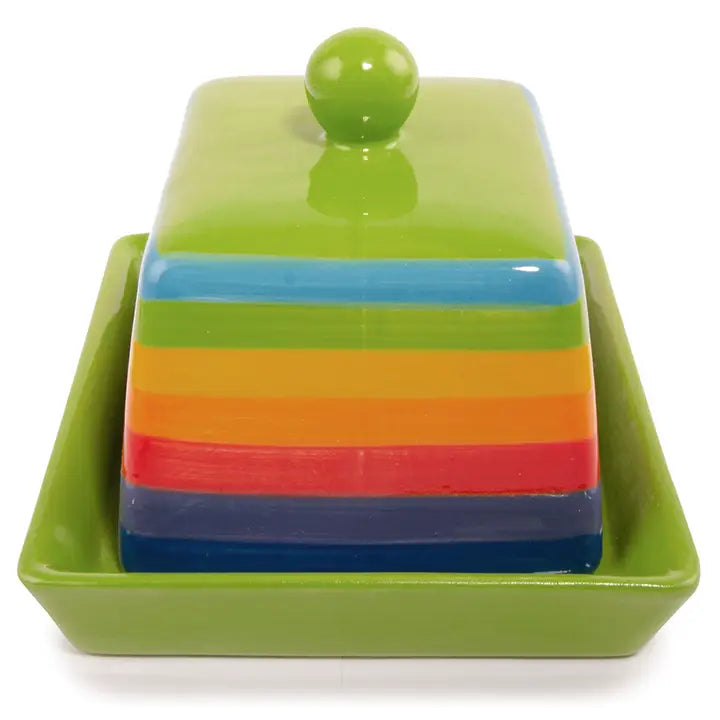Hand Painted Rainbow Stripe Ceramic Butter Dish