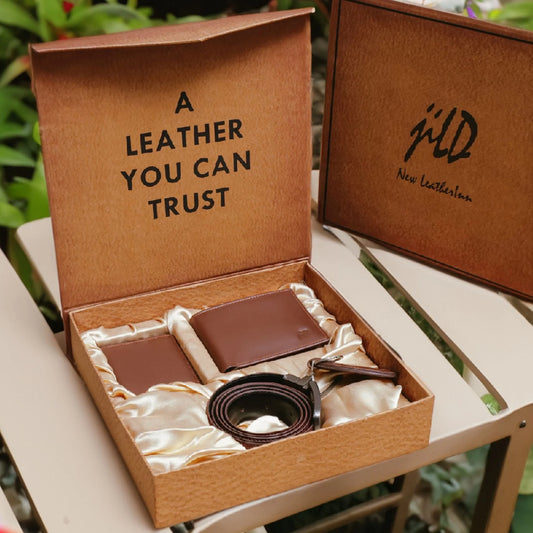 Signature 4-Piece Leather Gift Set for Men – Wallet, Belt, Card Holder & Keychain (Brown)