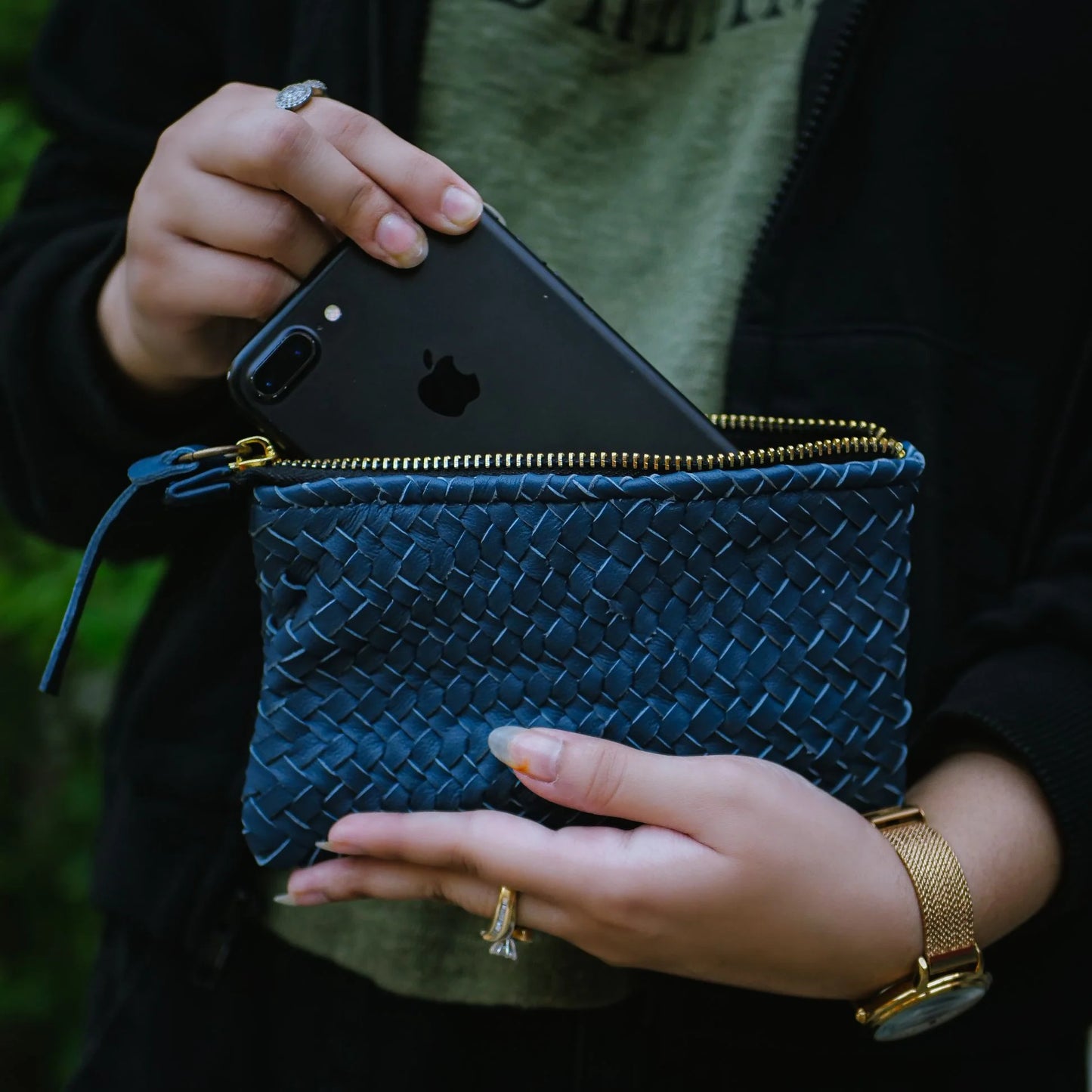 Mini Handwoven Leather Zipper Clutch – Blue Leather Handmade Purse
