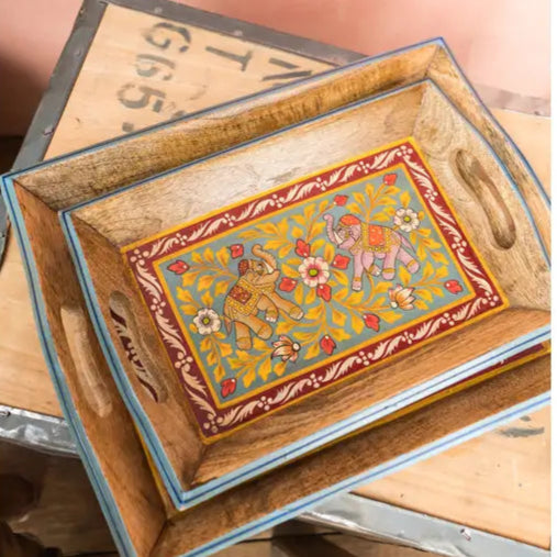 Hand Painted Mango Wood Tray Set of 2