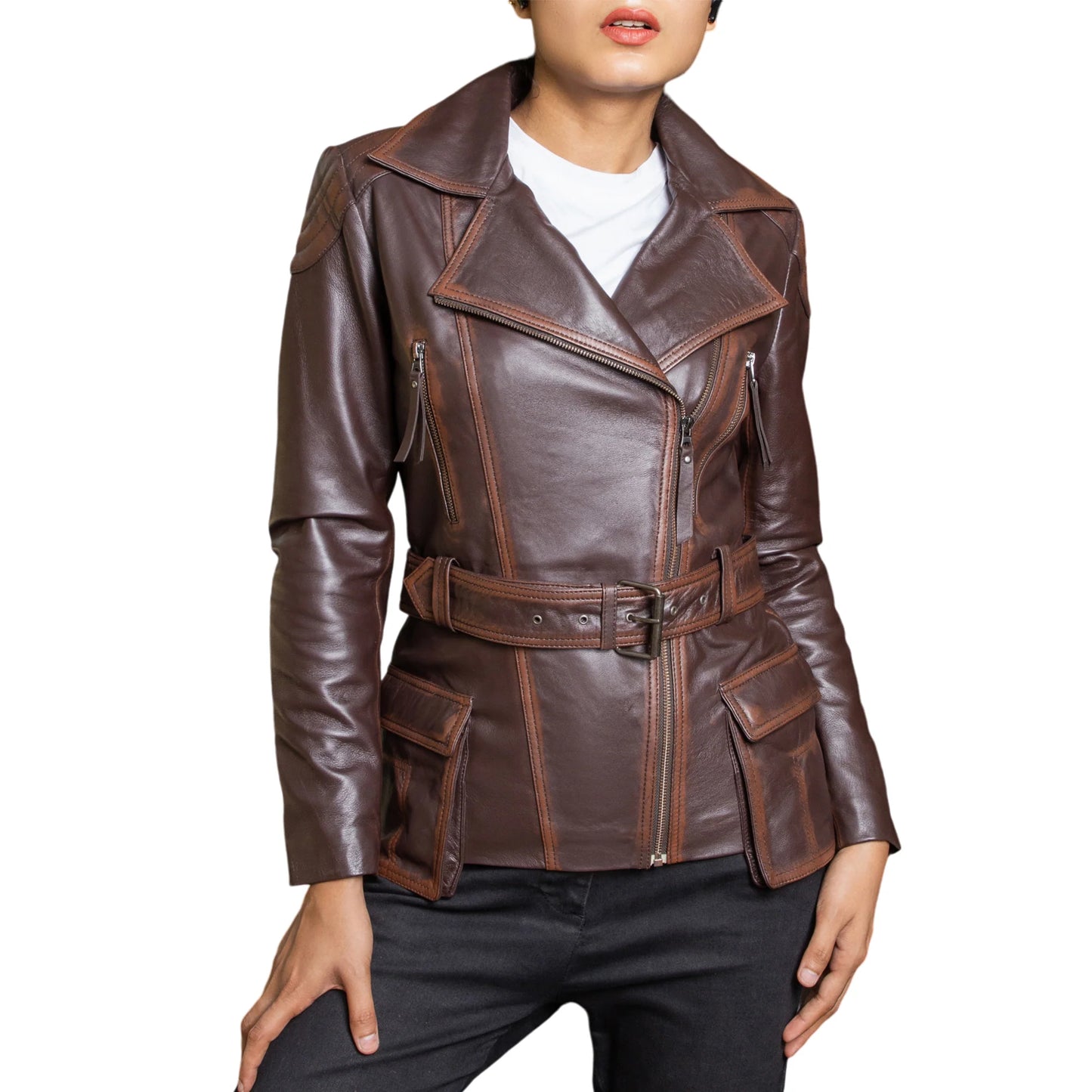 Handmade jackets Real Leather Jacket Leather Outerwear Ladies leather Jacket Belted Coat with Pockets