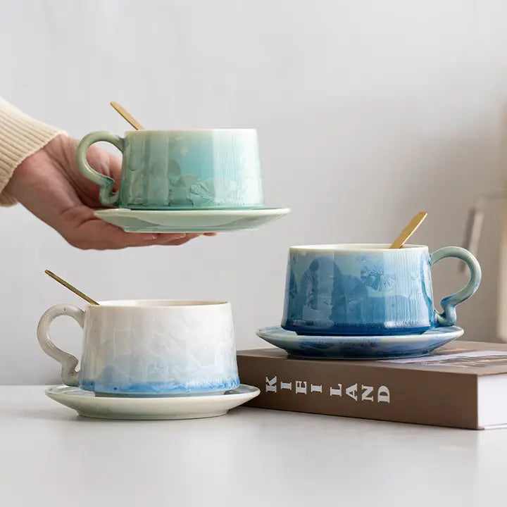 Crystal Glazed Ceramic Coffee Mug and Saucer Set