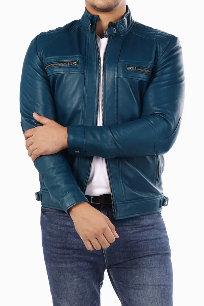 Men Jacket Leather Jacket Blue Biker Style Jacket Handmade jacket