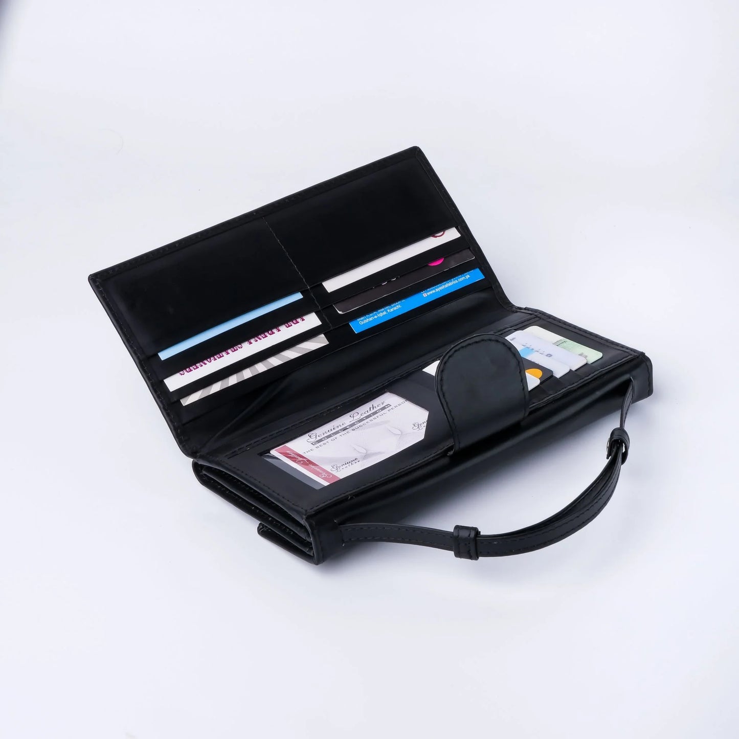 Women’s Leather Clutch Wallet with Handle – Black Magnetic & Zipper Closure