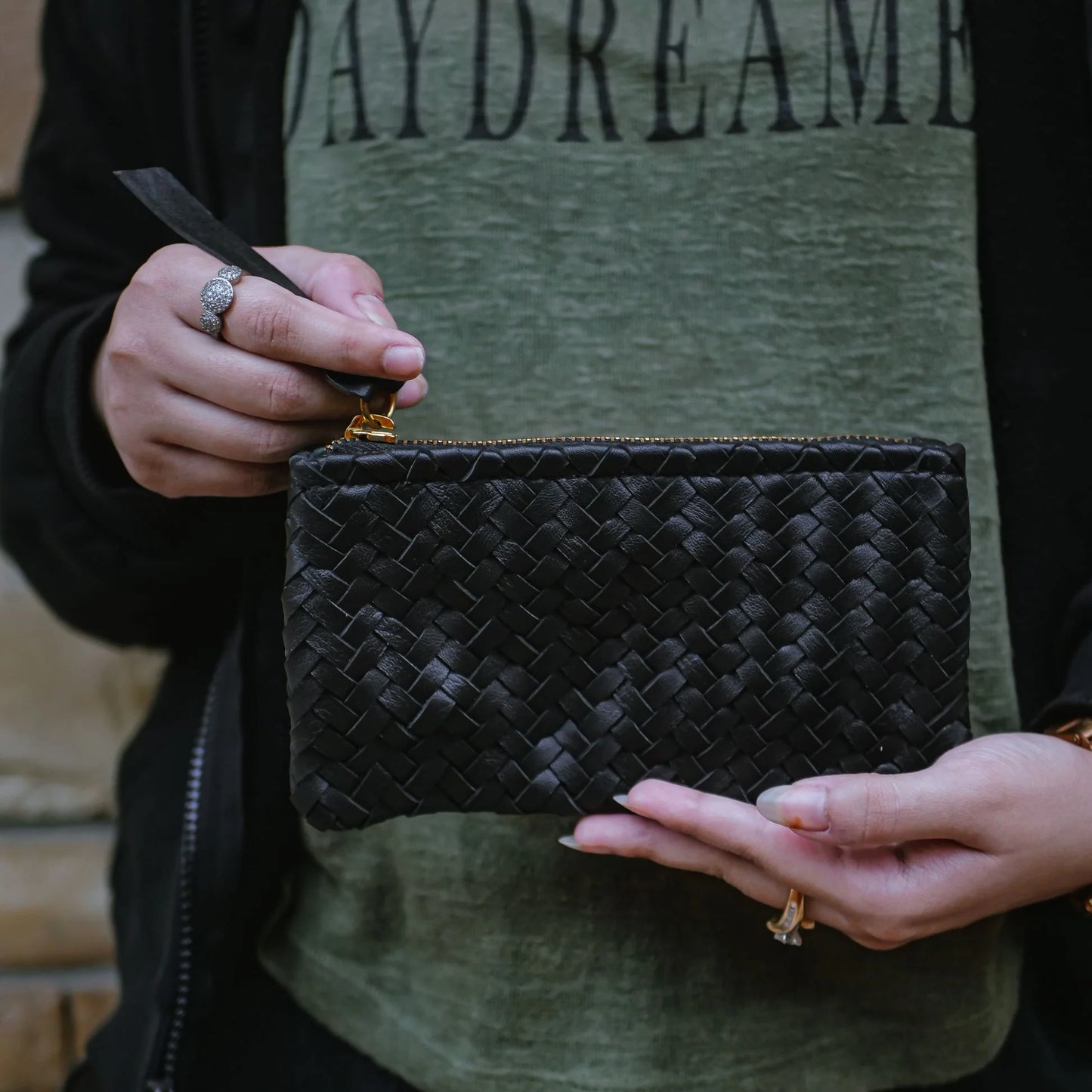 Mini Handwoven Leather Zipper Clutch – Black Handwoven Leather Purse