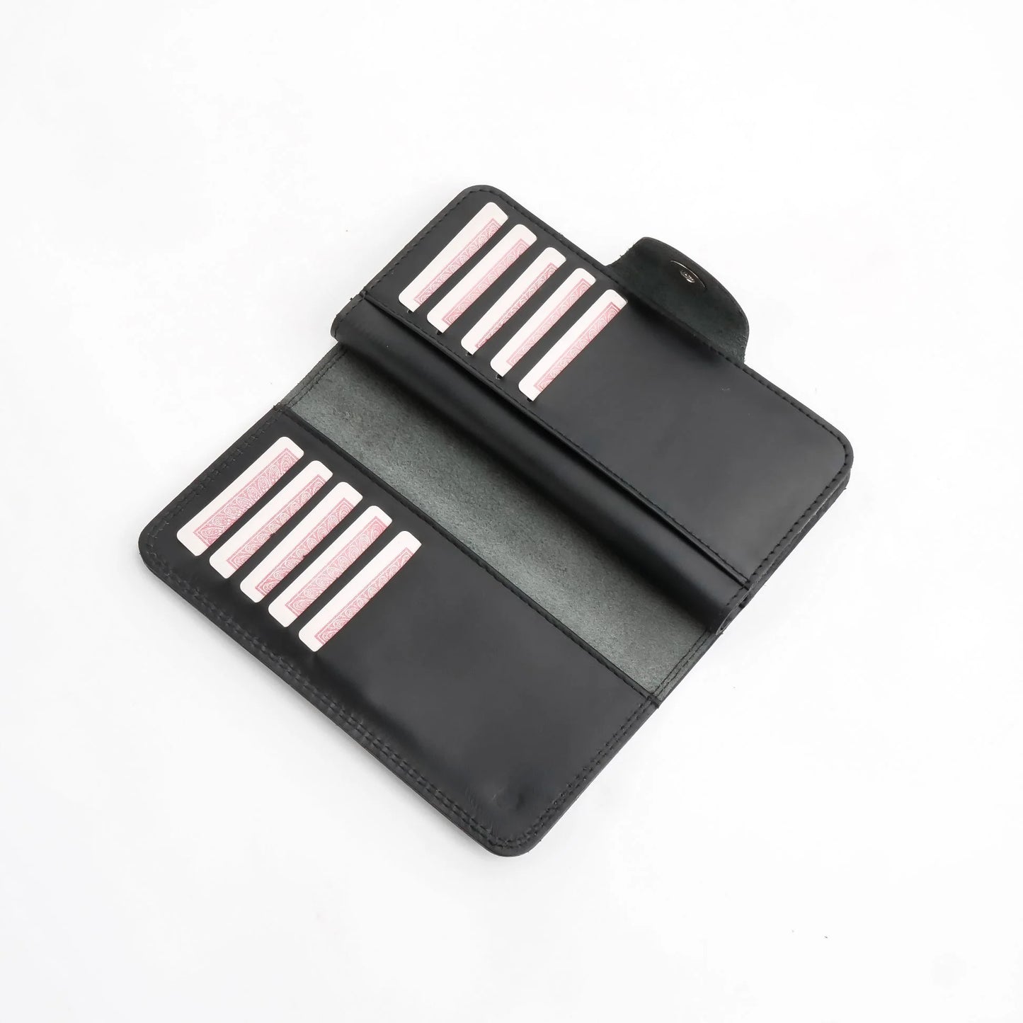 Pure Leather Long Wallet with Button Closure – Black 22 Card Slots & 6 Compartments