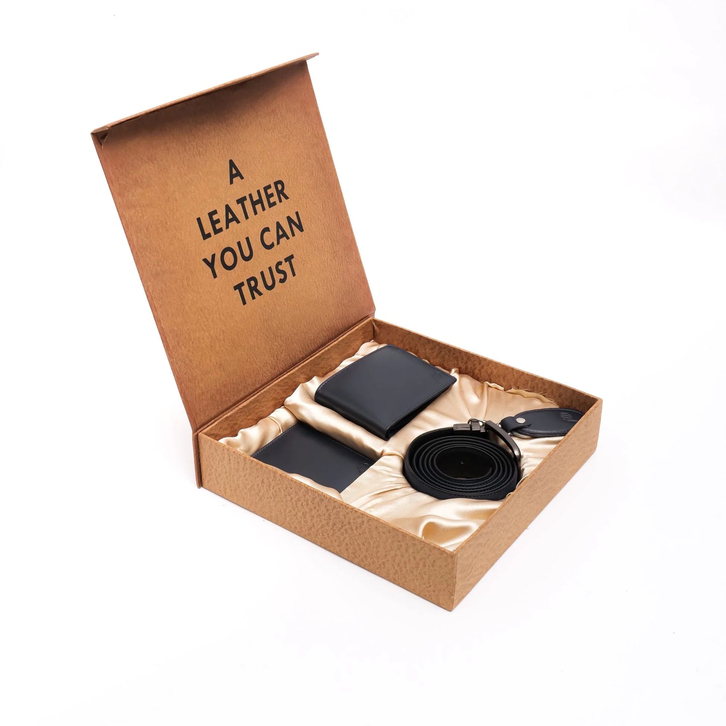 Signature Men’s Gift Set – 4 Piece Blue Box | Wallet, Leather Belt, Card Holder & Keychain