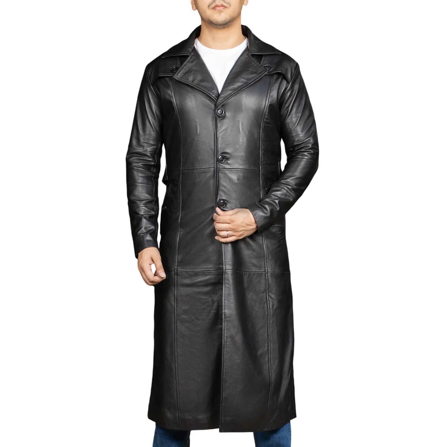 Handmade Leather Jacket Men Trench Coat Leather Overcoat