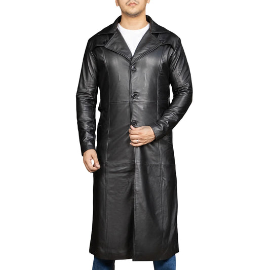 Handmade Leather Jacket Men Trench Coat Leather Overcoat