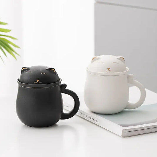 Lucky Black and White Cat Tea Cup with Infuser