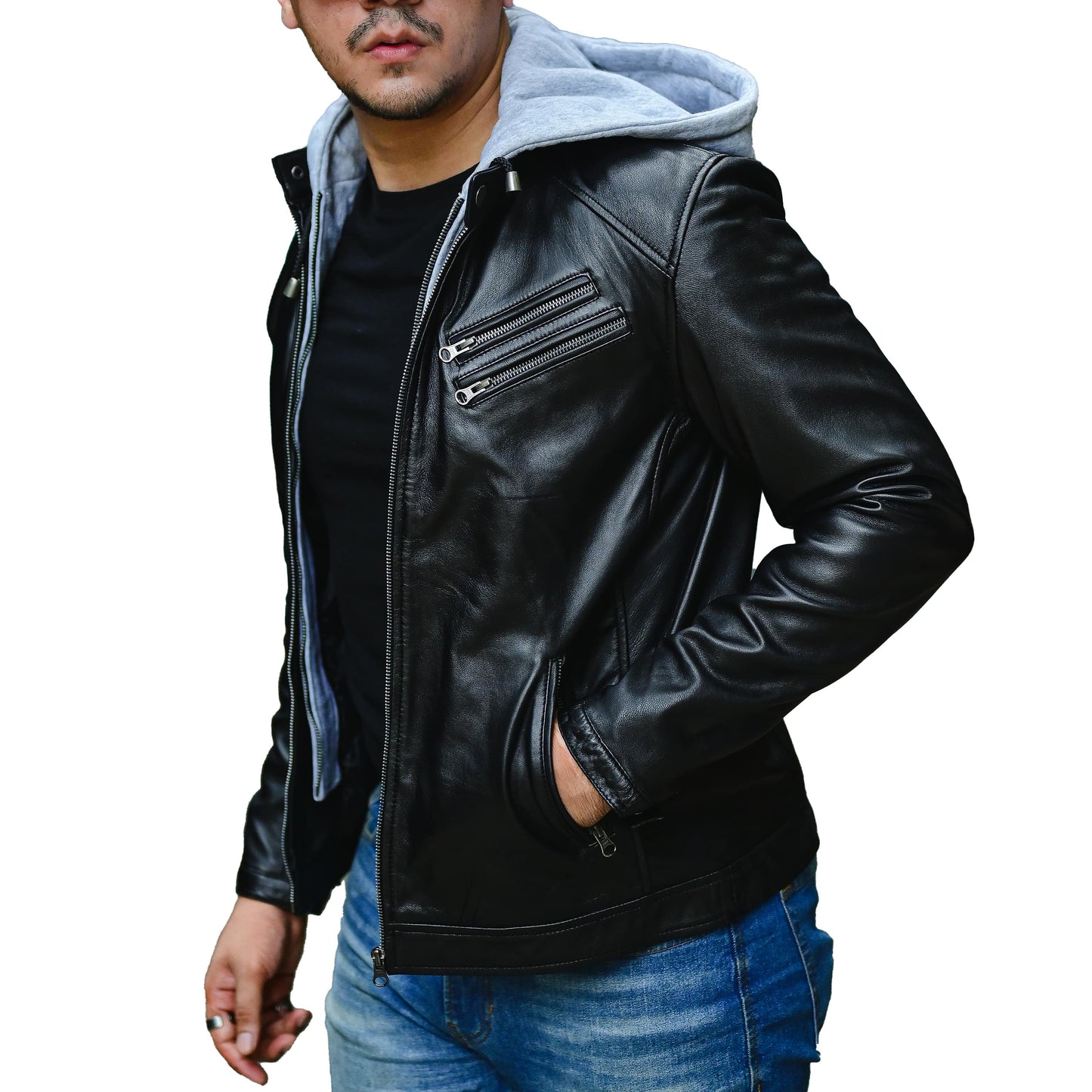 Leather Hooded Jacket Handmade Hood for Men Removable Hood Jacket