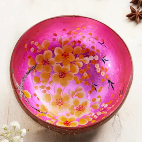 Coconut Bowl with Hand Painted Flowers