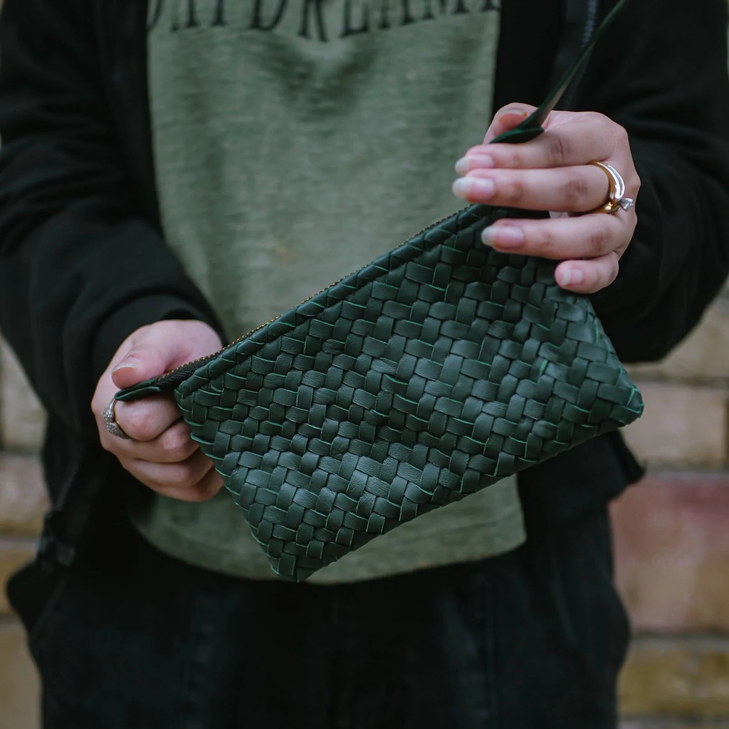 Mini Handwoven Leather Zipper Clutch – Green Leather Handmade Purse