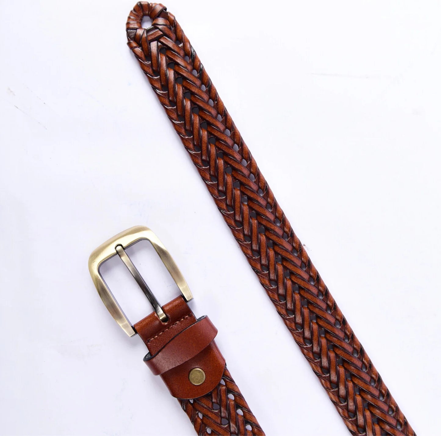 Stylish Braided Men’s Leather Belt – Tan Genuine Leather with Golden Buckle