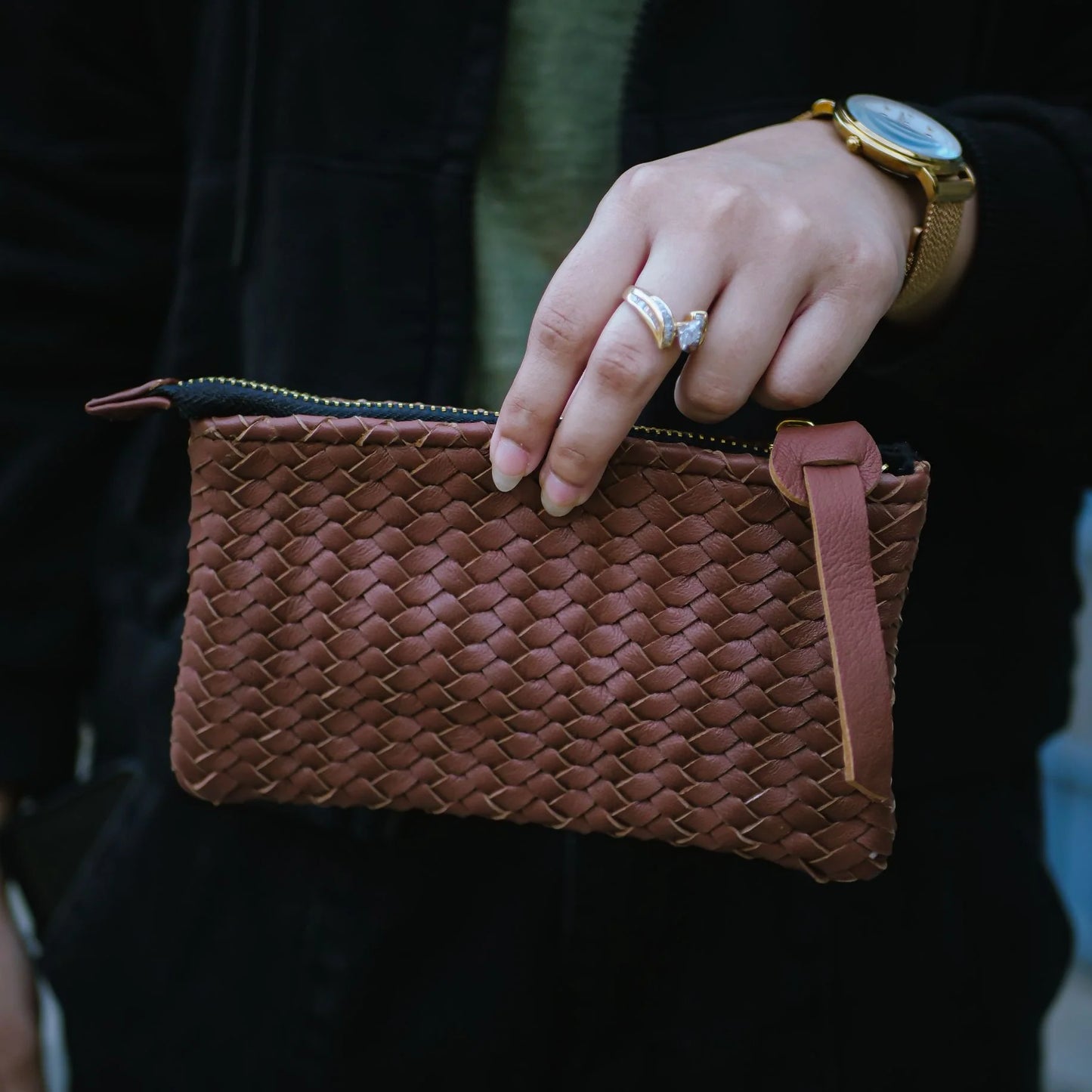 Mini Handwoven Leather Zipper Clutch Tan Brown  Genuine Leather Handmade Purse