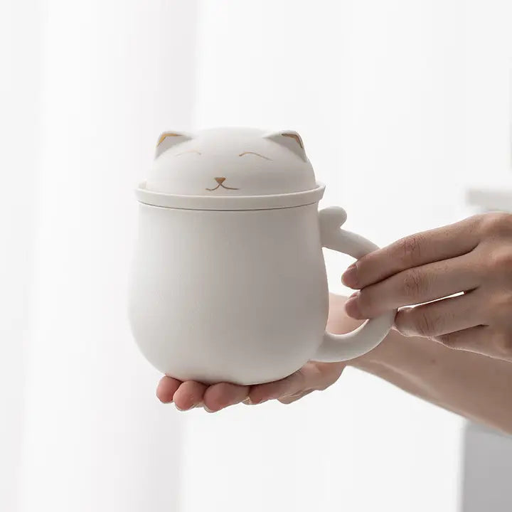 Lucky Black and White Cat Tea Cup with Infuser