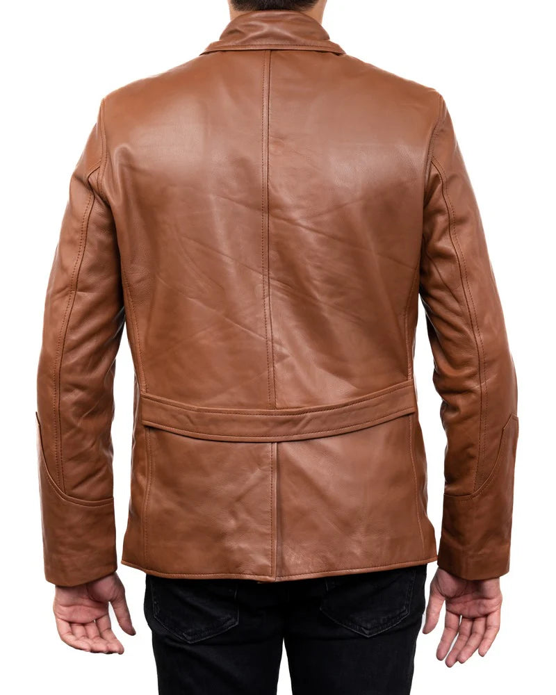 Men Leather Blazer Cognac Leather Blazer 5-Button Lambskin Leather Blazer