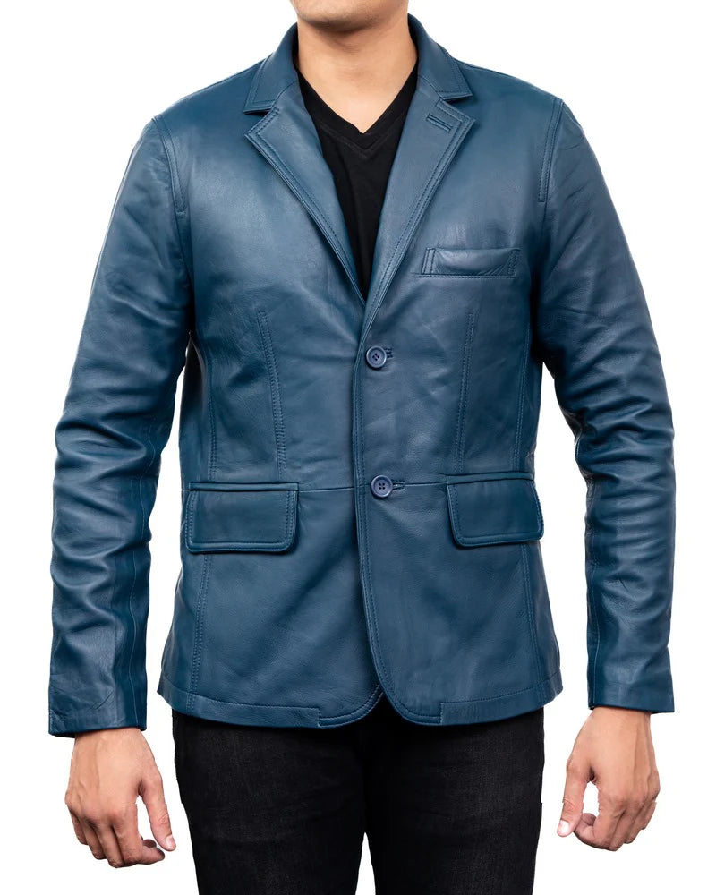 Handmade Leather Blazer 2-Button Leather Blazer Blue leather Blazer