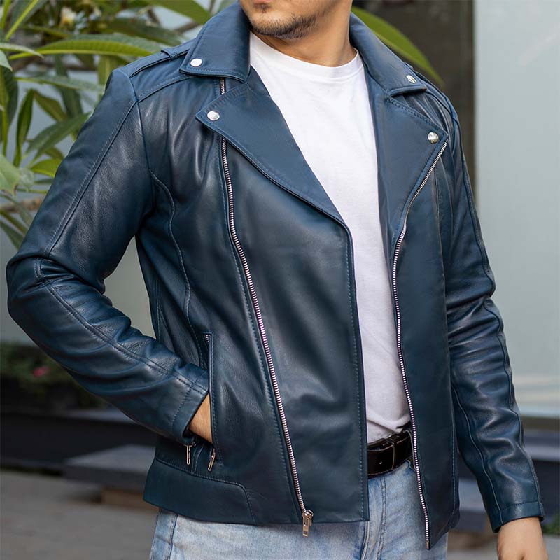 Handmade Jacket Blue Biker Leather Jacket Motorcycle Jacket