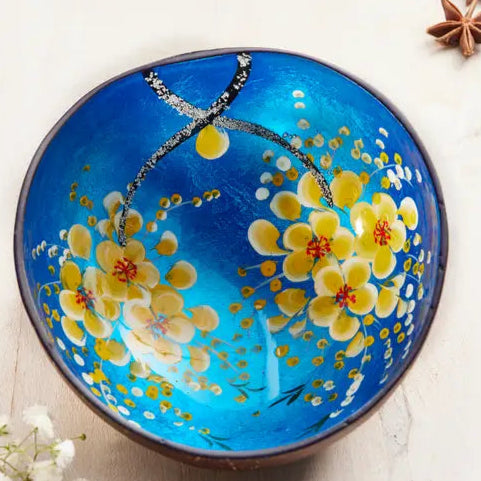Coconut Bowl with Hand Painted Flowers