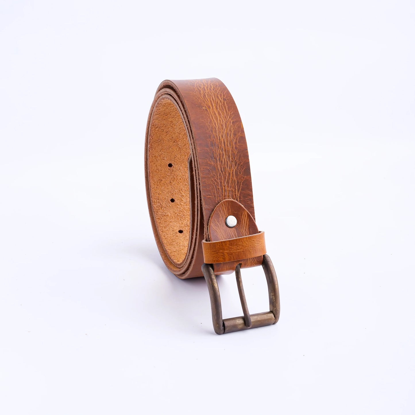 Leather Casual Jeans Belt for Men Tan  1.5" Width with Antique Brass Buckle