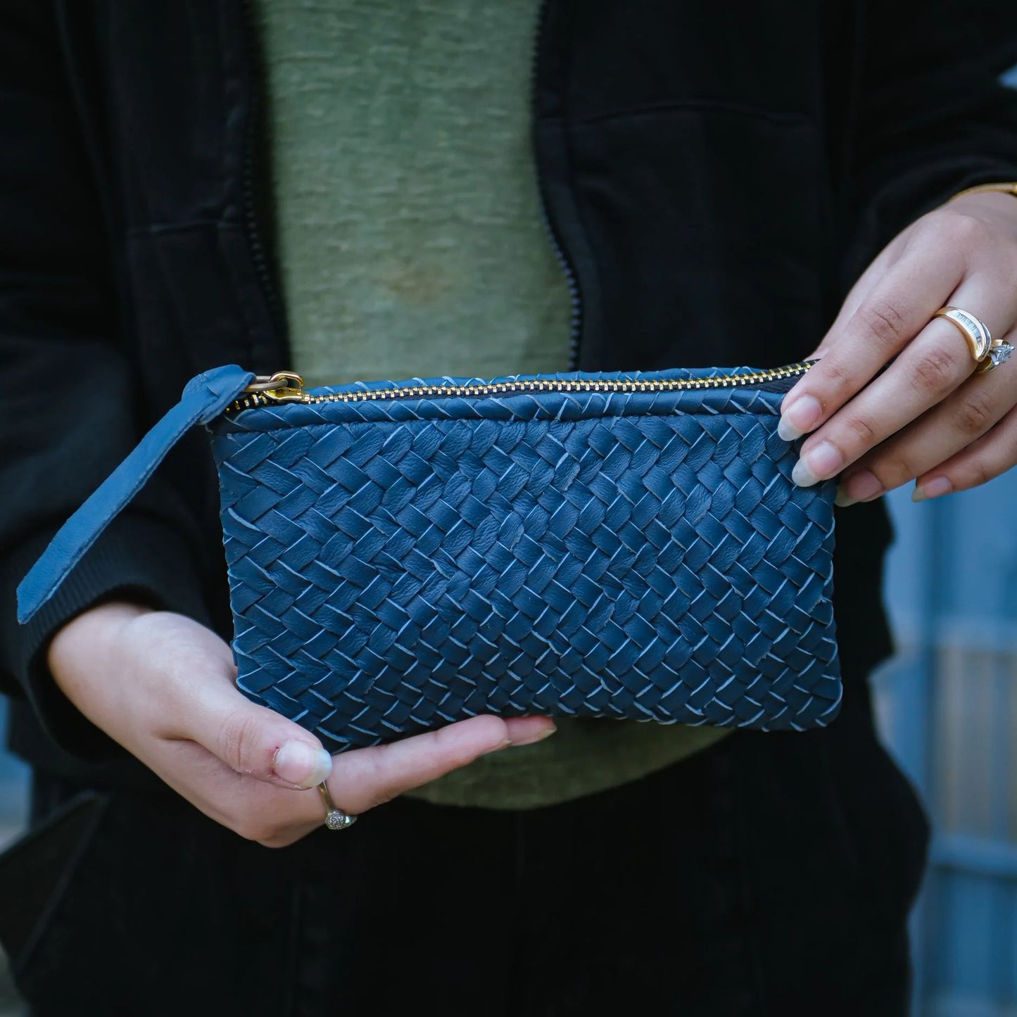 Mini Handwoven Leather Zipper Clutch – Blue Leather Handmade Purse