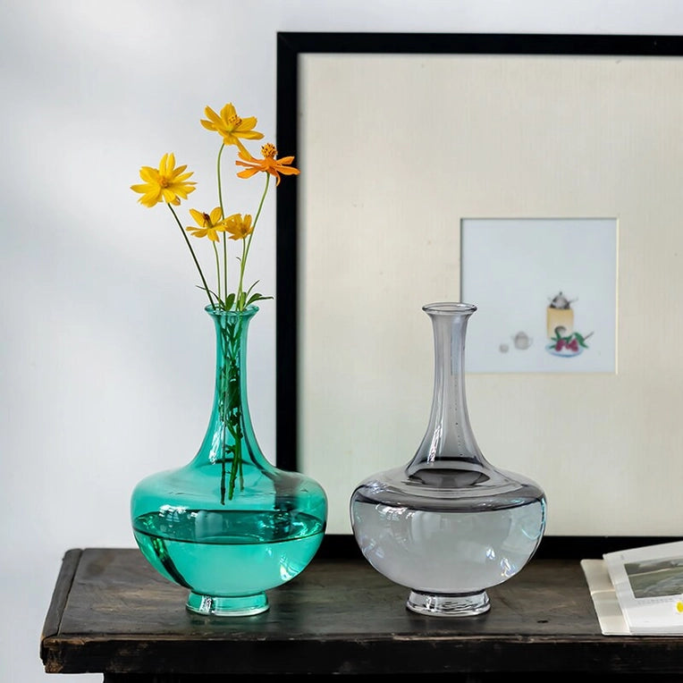 Handmade Glass Vase Clear Grey and Emerald green