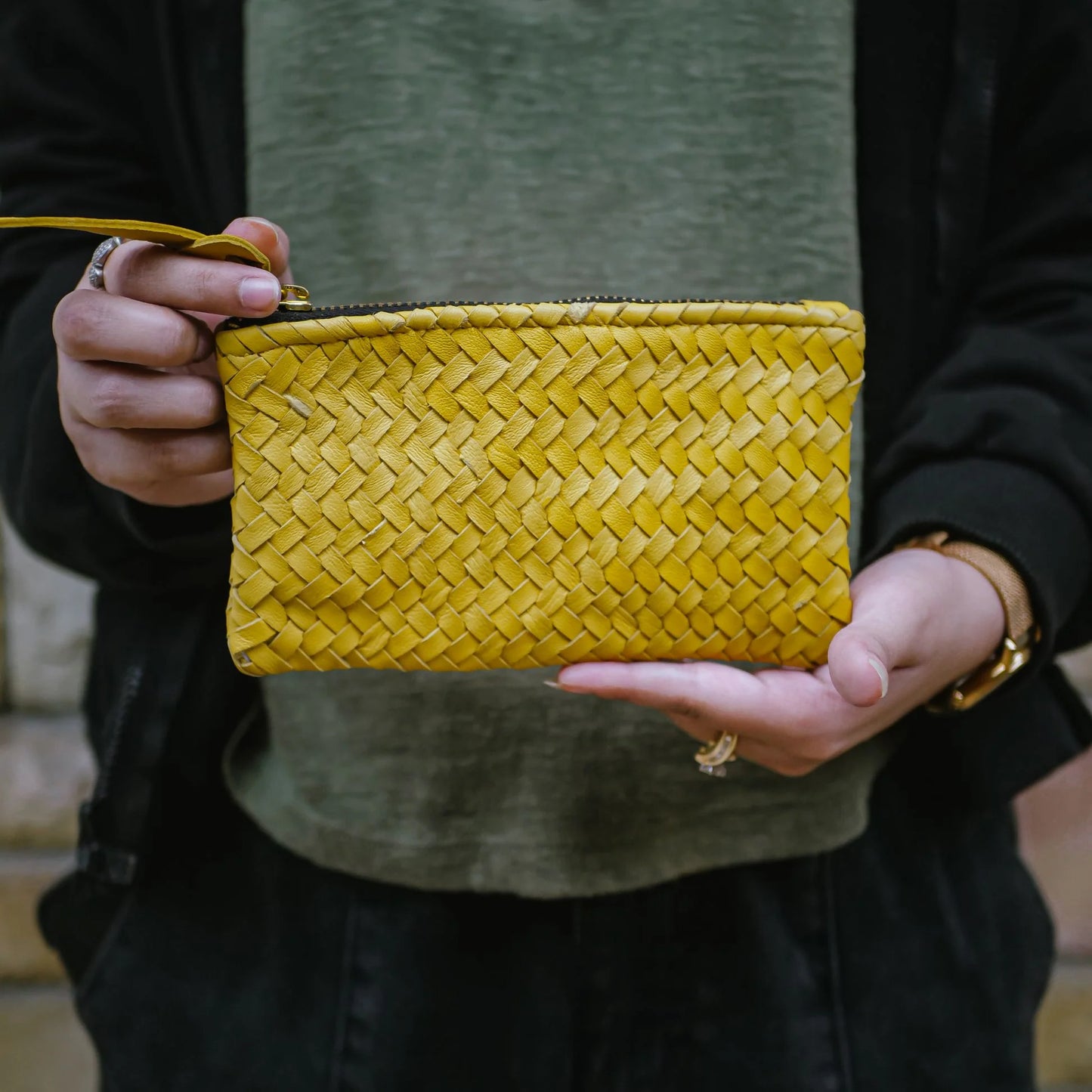 Mini Handwoven Leather Zipper Clutch – Yellow Handwoven Leather Purse