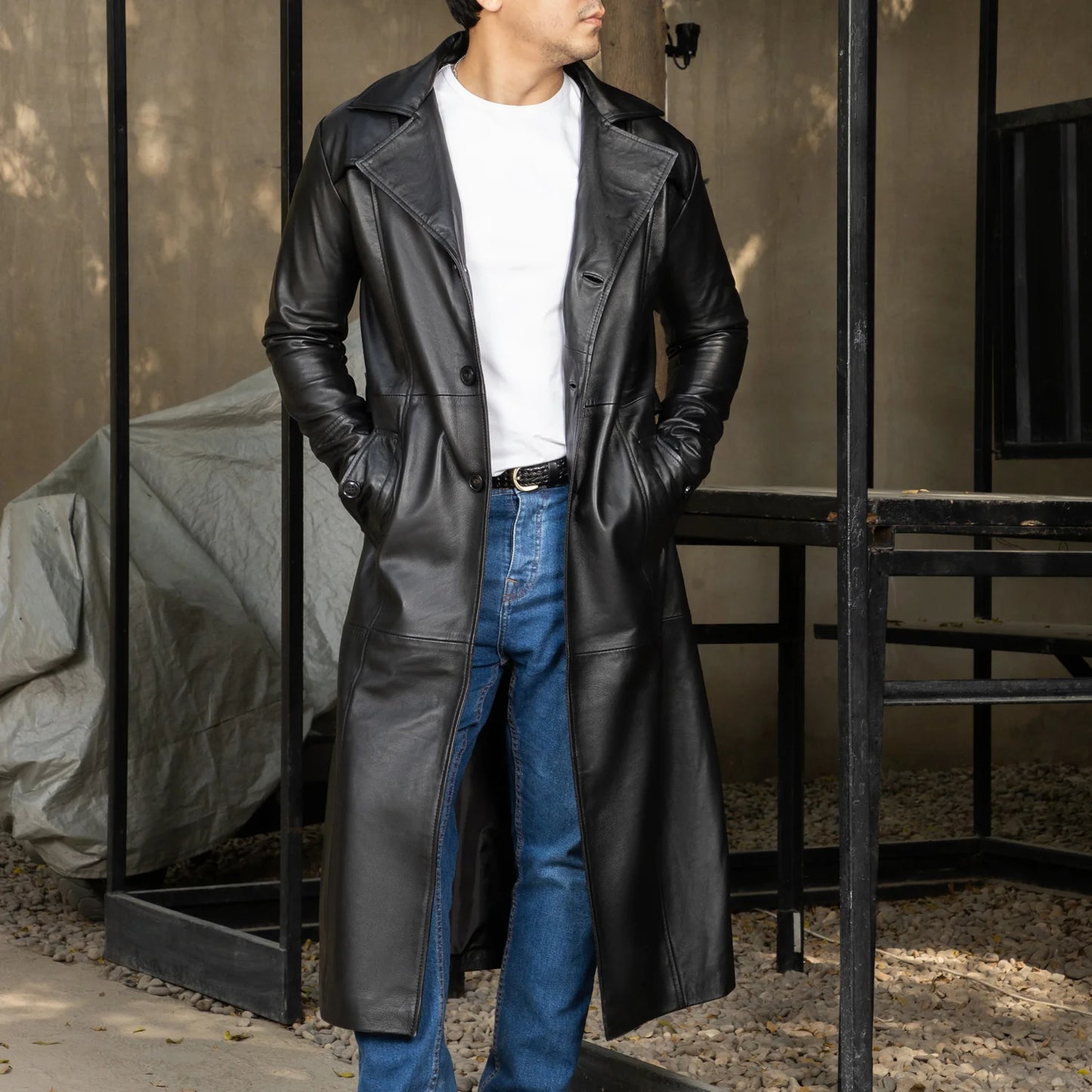 Handmade Leather Jacket Men Trench Coat Leather Overcoat