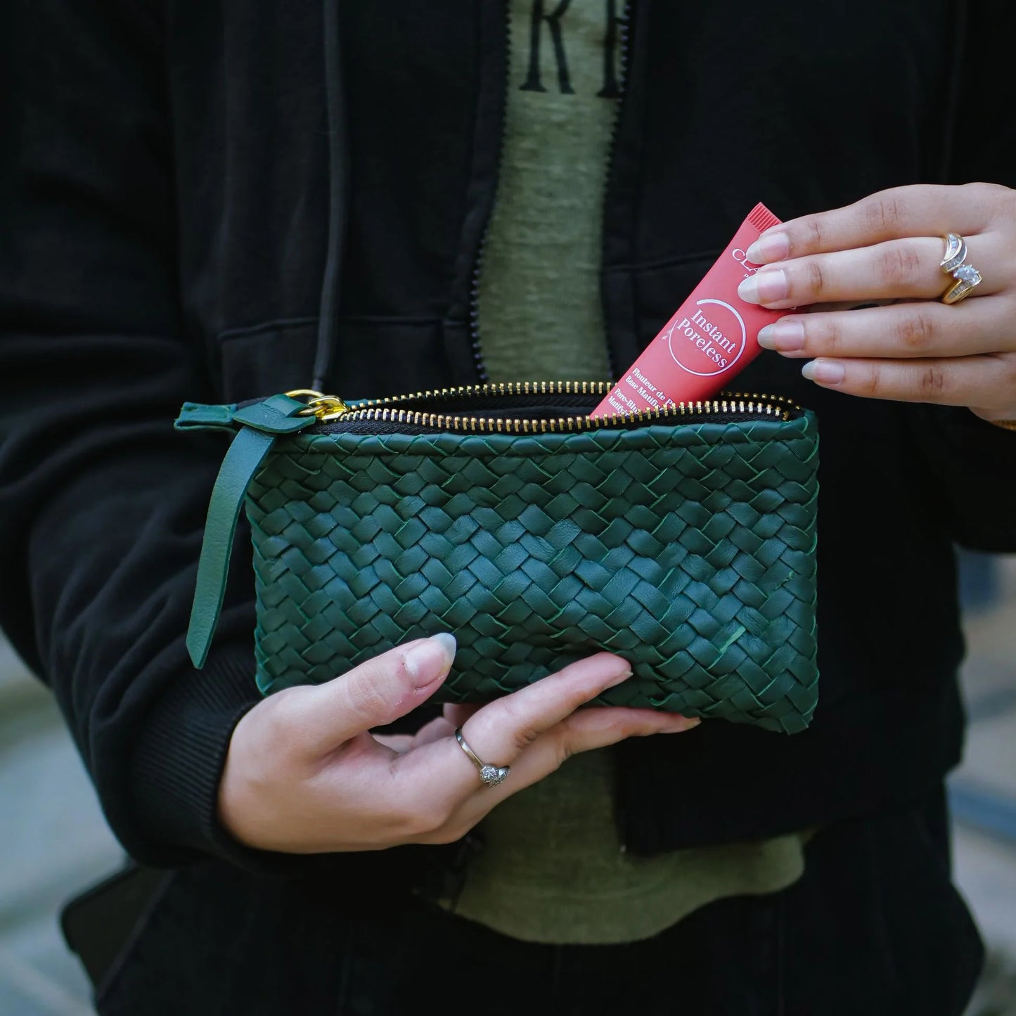 Mini Handwoven Leather Zipper Clutch – Green Leather Handmade Purse