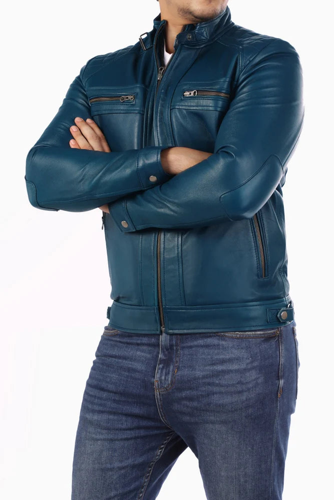 Men Jacket Leather Jacket Blue Biker Style Jacket Handmade jacket
