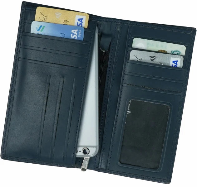 18 Pockets Leather Long Wallet Blue Travel Organizer Wallet for Cards, Cash and  Passport