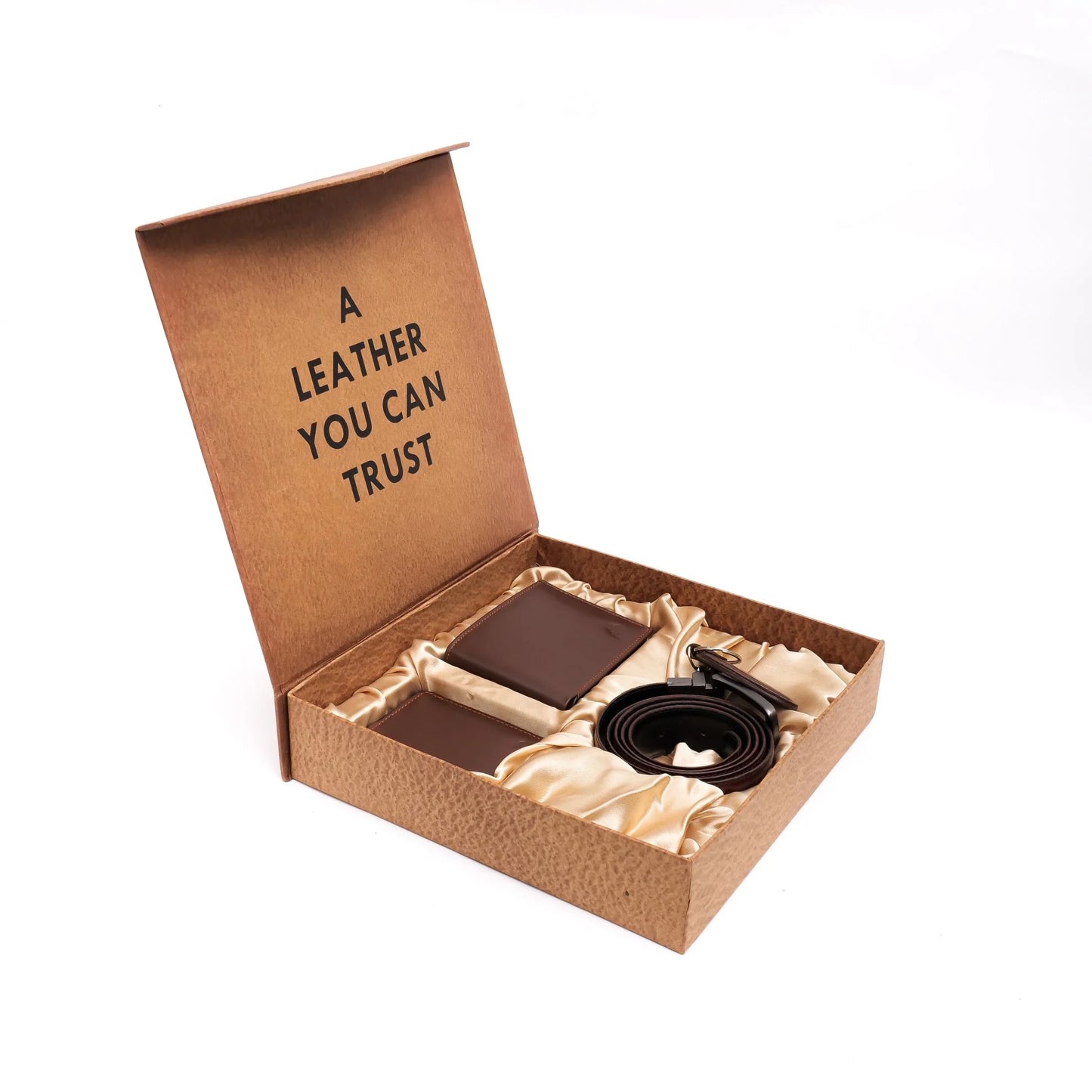 Signature 4-Piece Leather Gift Set for Men – Wallet, Belt, Card Holder & Keychain (Brown)