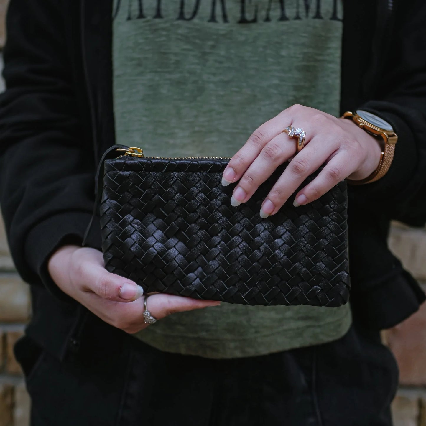 Mini Handwoven Leather Zipper Clutch – Black Handwoven Leather Purse