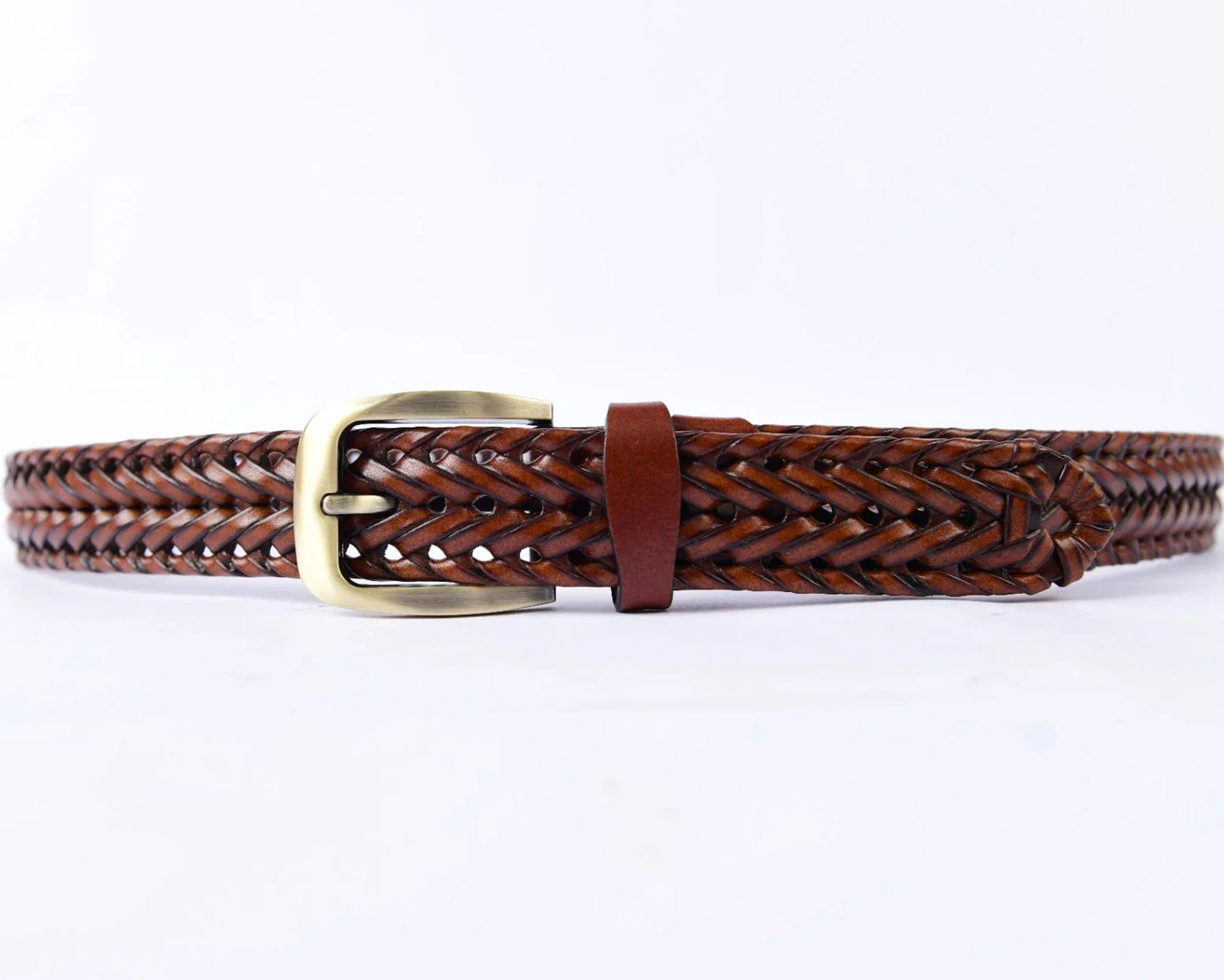 Stylish Braided Men’s Leather Belt – Tan Genuine Leather with Golden Buckle