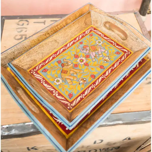 Hand Painted Mango Wood Tray Set of 2