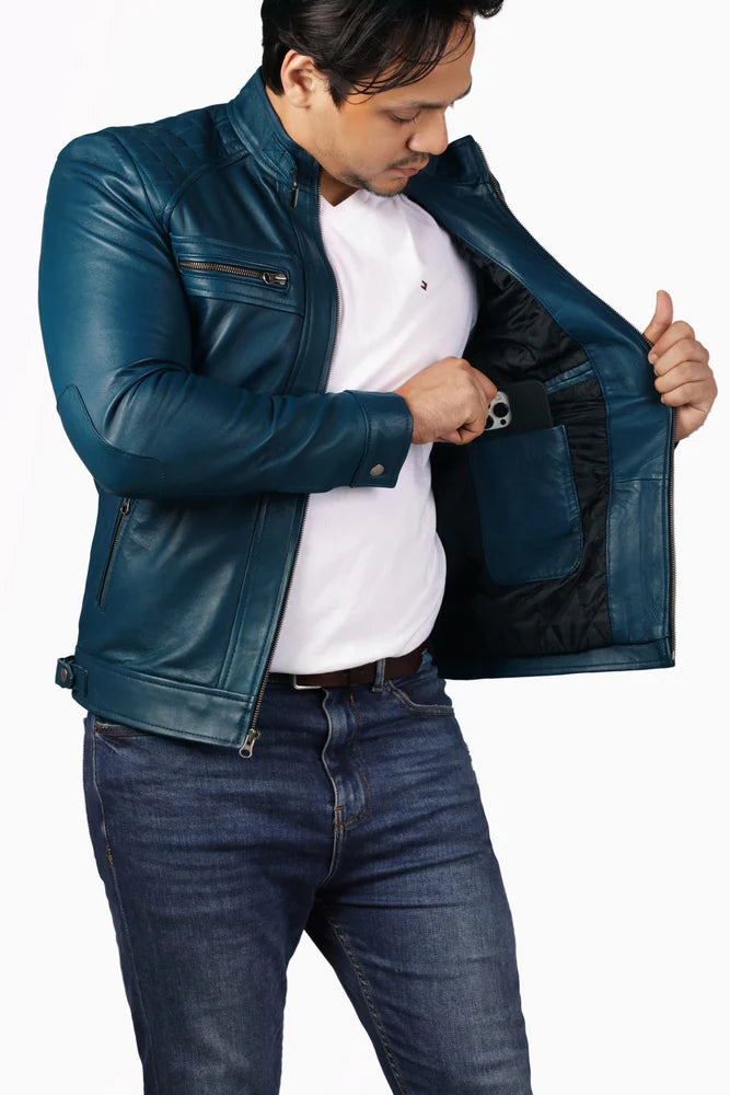 Men Jacket Leather Jacket Blue Biker Style Jacket Handmade jacket