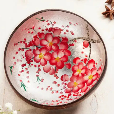 Coconut Bowl with Hand Painted Flowers