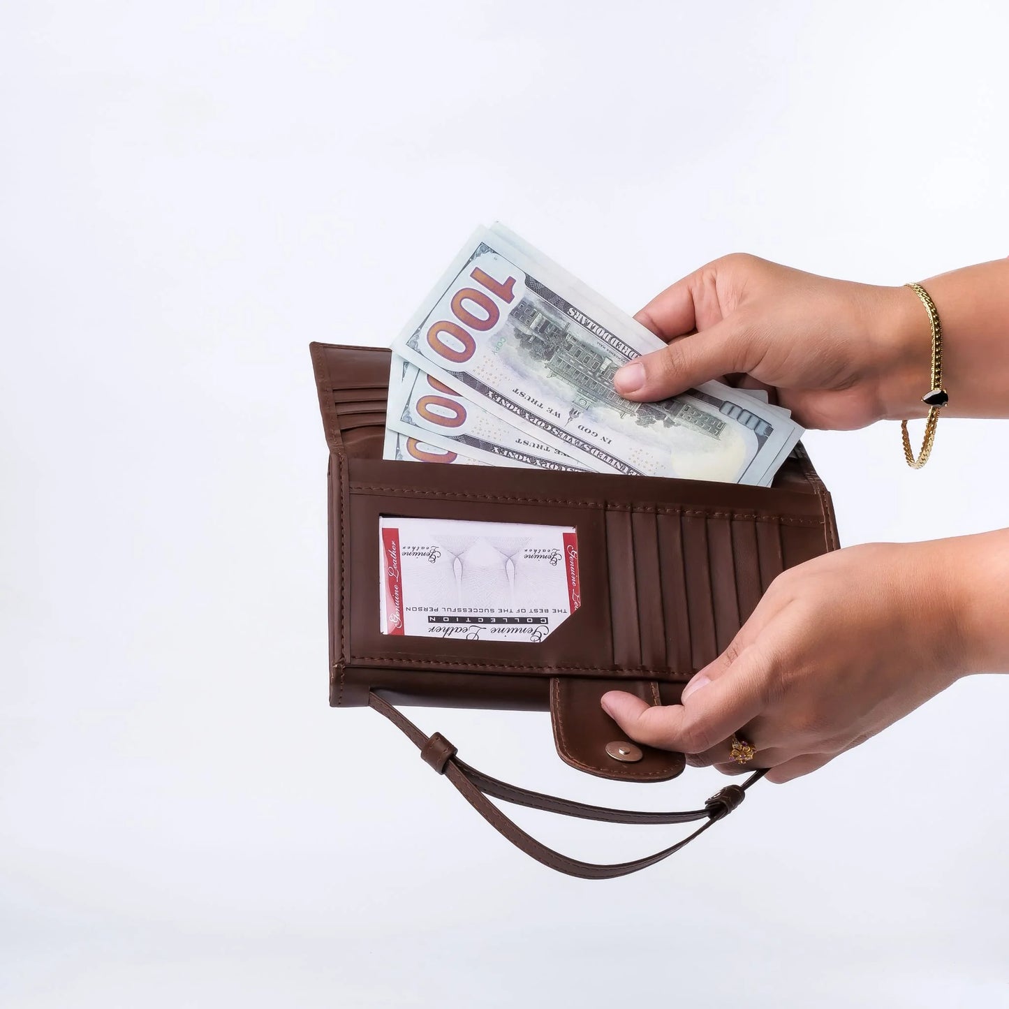 Women’s Leather Clutch Wallet with Handle – Brown Magnetic & Zipper Closure