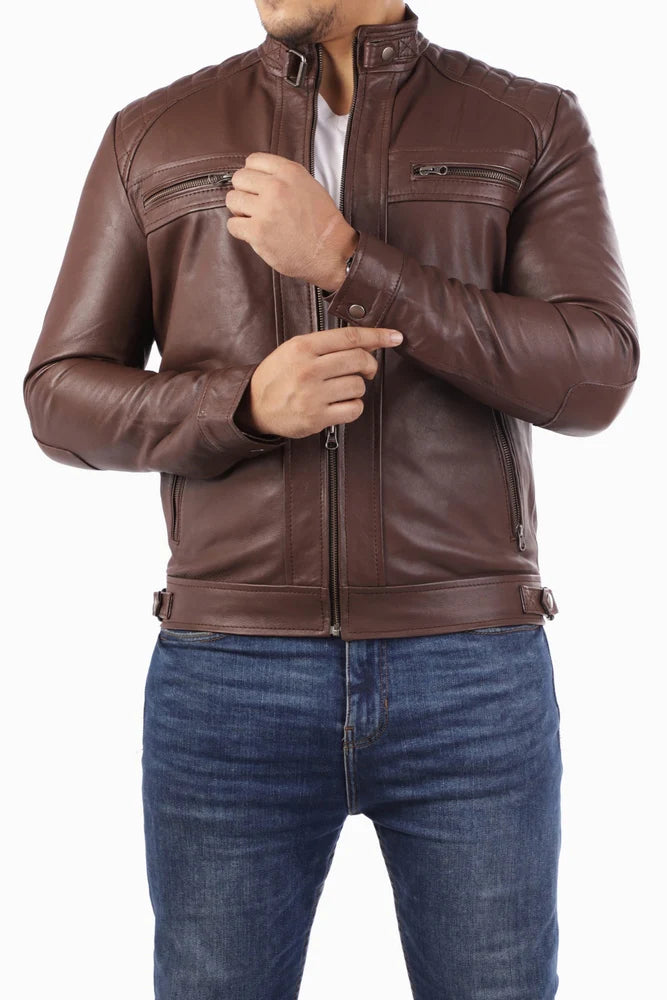 Handmade Jacket Leather Jacket  Casual Brown Biker Style