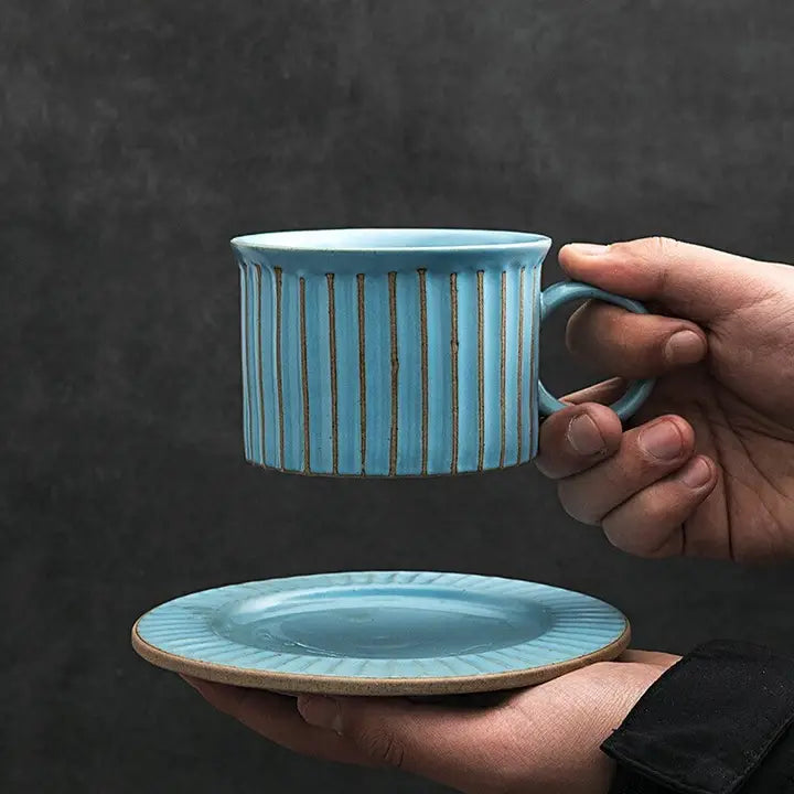 Handmade Stoneware Coffee Cup & Saucer Set Ceramic Tea Mug
