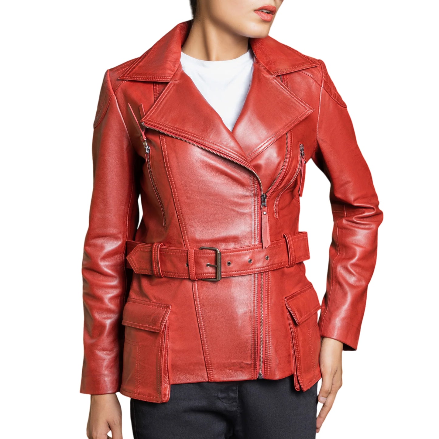 Handmade jackets Real Leather Jacket Leather Outerwear Ladies leather Jacket Belted Coat with Pockets