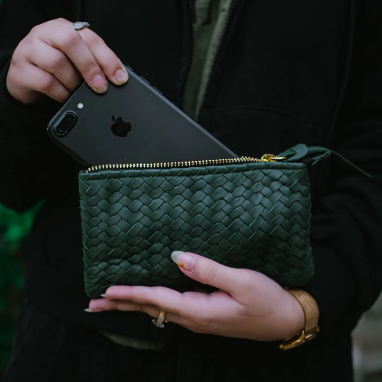 Mini Handwoven Leather Zipper Clutch – Green Leather Handmade Purse