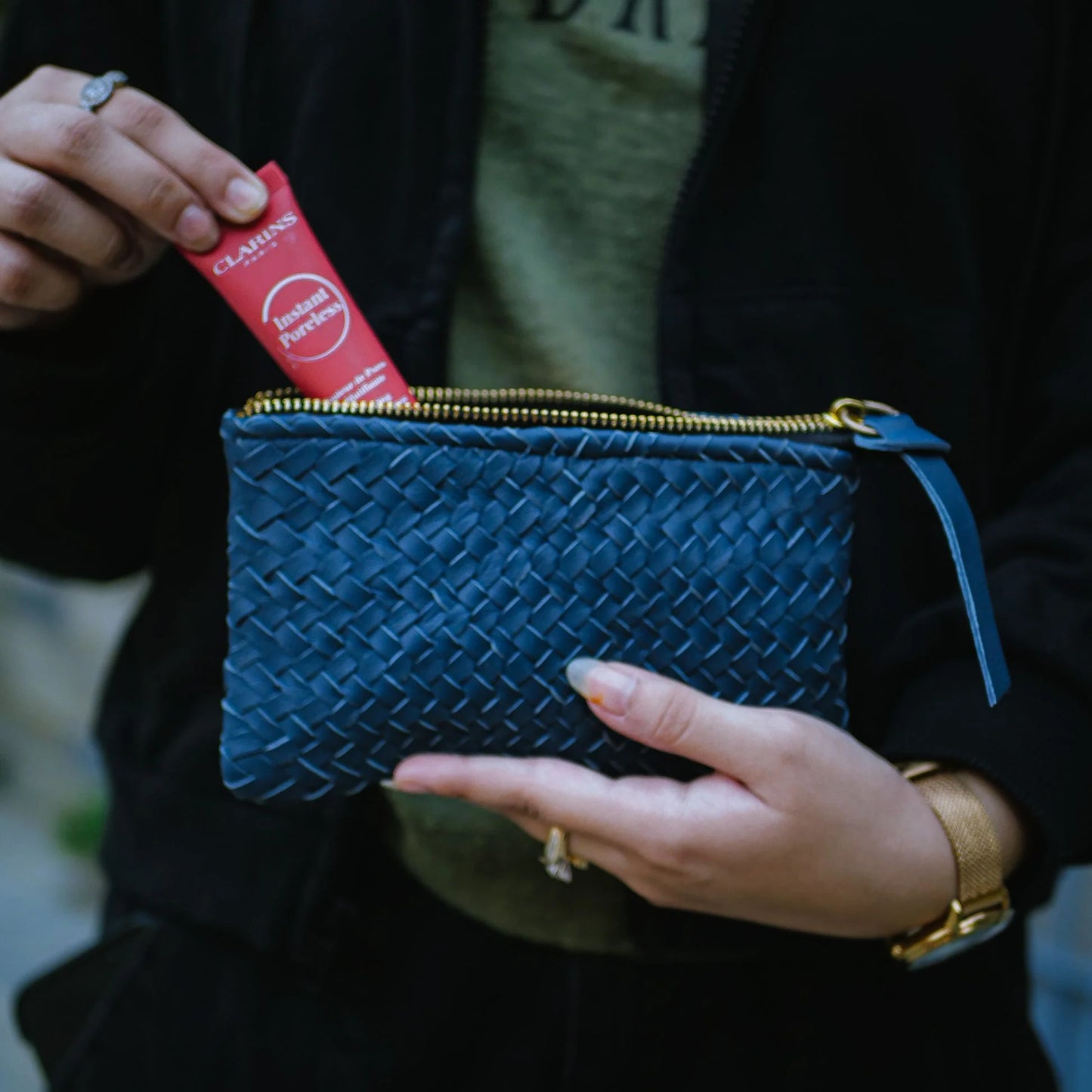 Mini Handwoven Leather Zipper Clutch – Blue Leather Handmade Purse