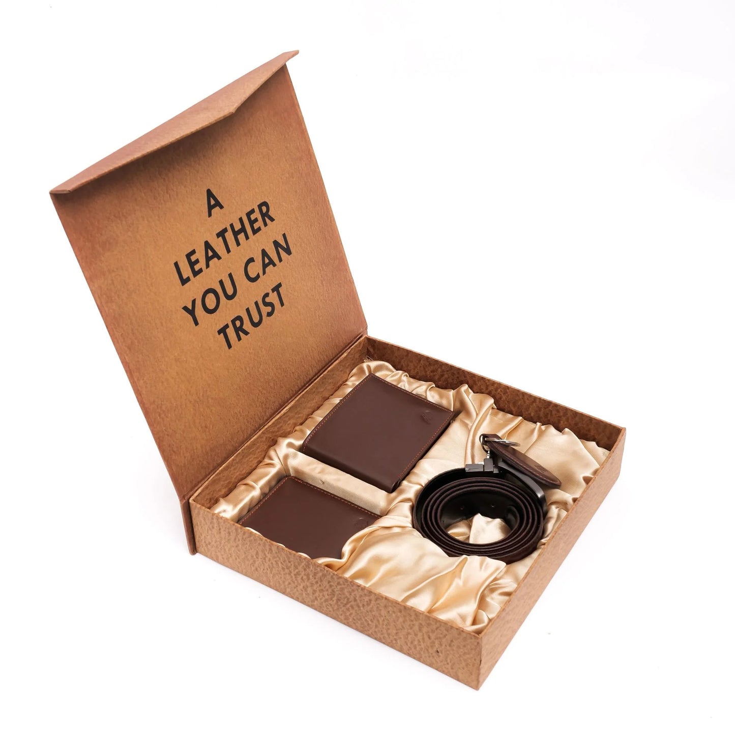 Signature 4-Piece Leather Gift Set for Men – Wallet, Belt, Card Holder & Keychain (Brown)