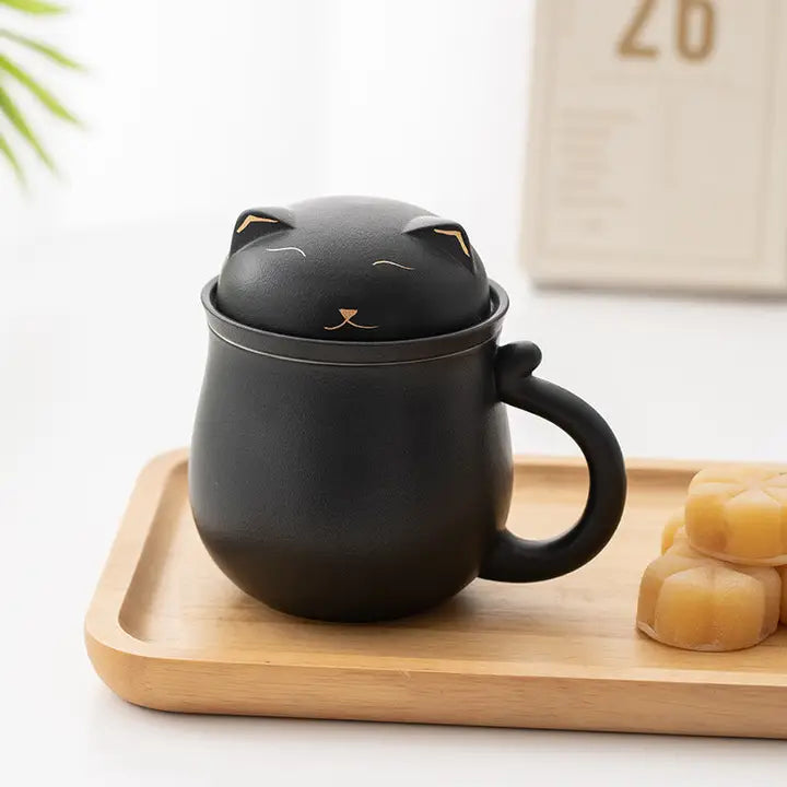 Lucky Black and White Cat Tea Cup with Infuser