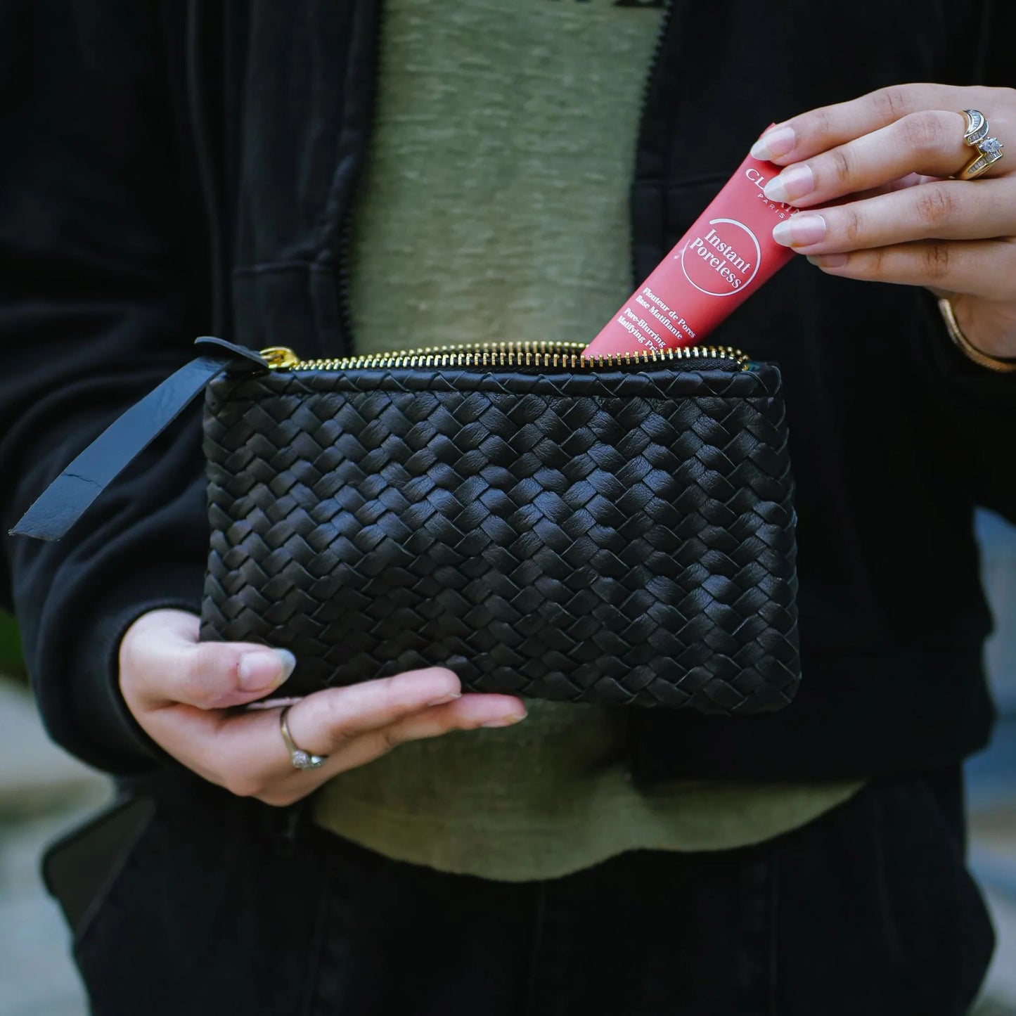 Mini Handwoven Leather Zipper Clutch – Black Handwoven Leather Purse
