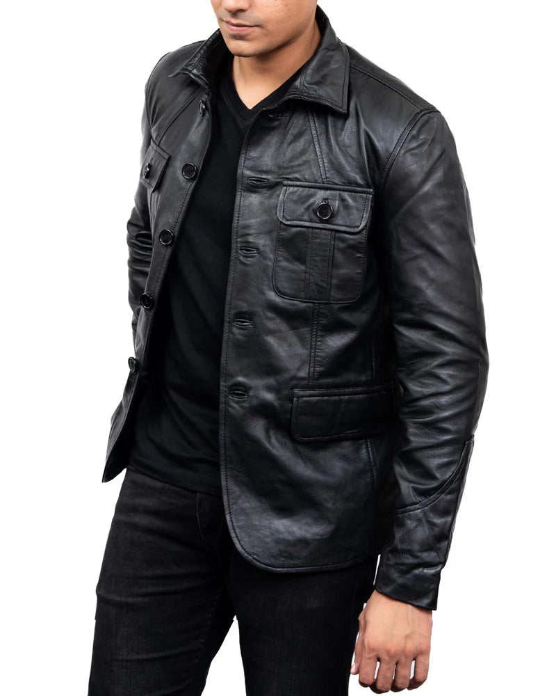 Men Blazer Handmade Blazer 5-Button Leather Blazer Black Blazer