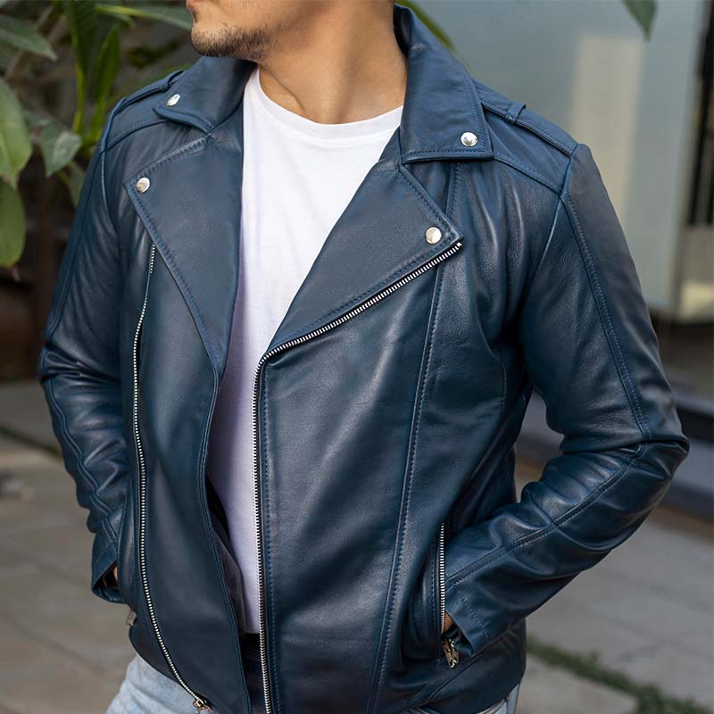 Handmade Jacket Blue Biker Leather Jacket Motorcycle Jacket
